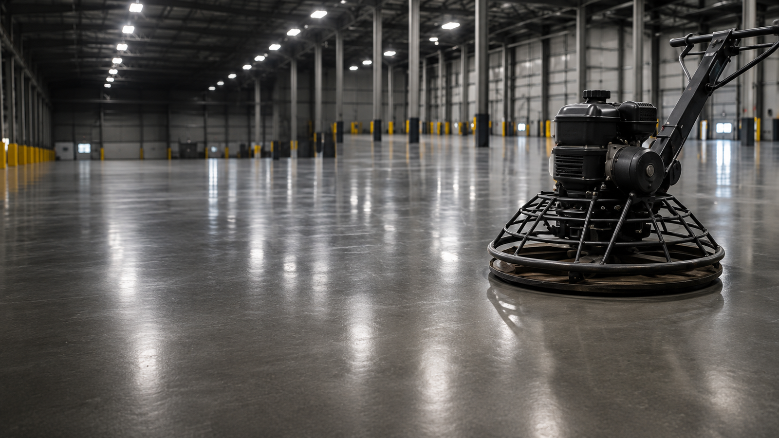 Piso industrial polido e equipamento de acabamento